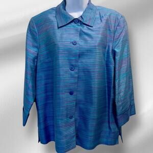 Silkland 100% Silk Button Down Shirt Womens Sz 12 Turquoise R-23